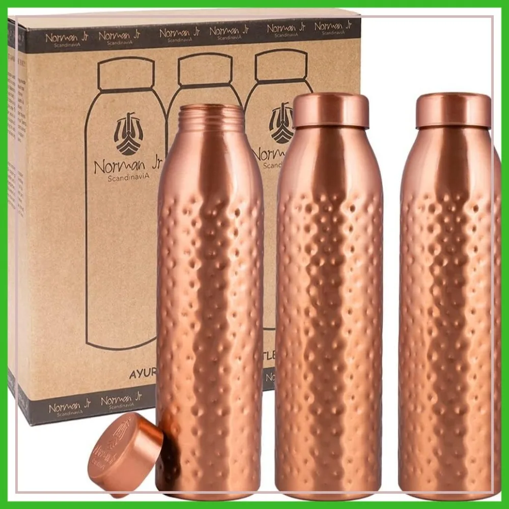 Copper Water Bottle 1L - Hammered, Pure Copper, Ayurvedic Vessel, 34 oz, Set of 3
Copper Water Bottle 1L - Hammered, Pure Copper, Ayurvedic Vessel, 34 oz, Set of 3