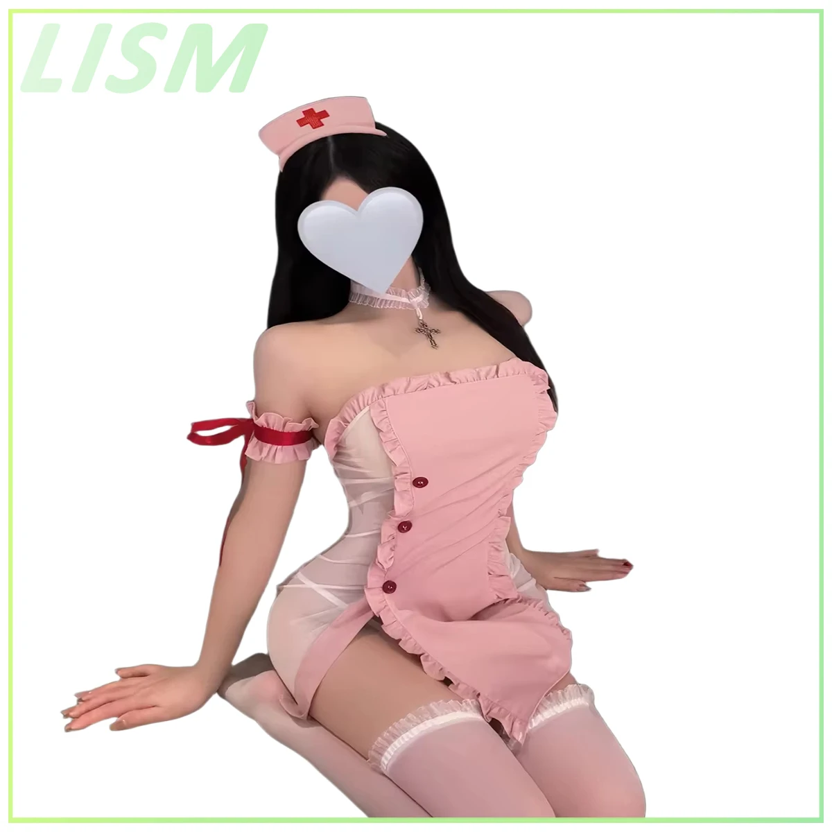 Women's Pink Nurse Cosplay Set Strapless Ruffle Dress with Cross Choker Headband Arm Cuffs Slim for Sexy Party Club Costume
Women's Pink Nurse Cosplay Set Strapless Ruffle Dress with Cross Choker Headband Arm Cuffs Slim for Sexy Party Club Costume