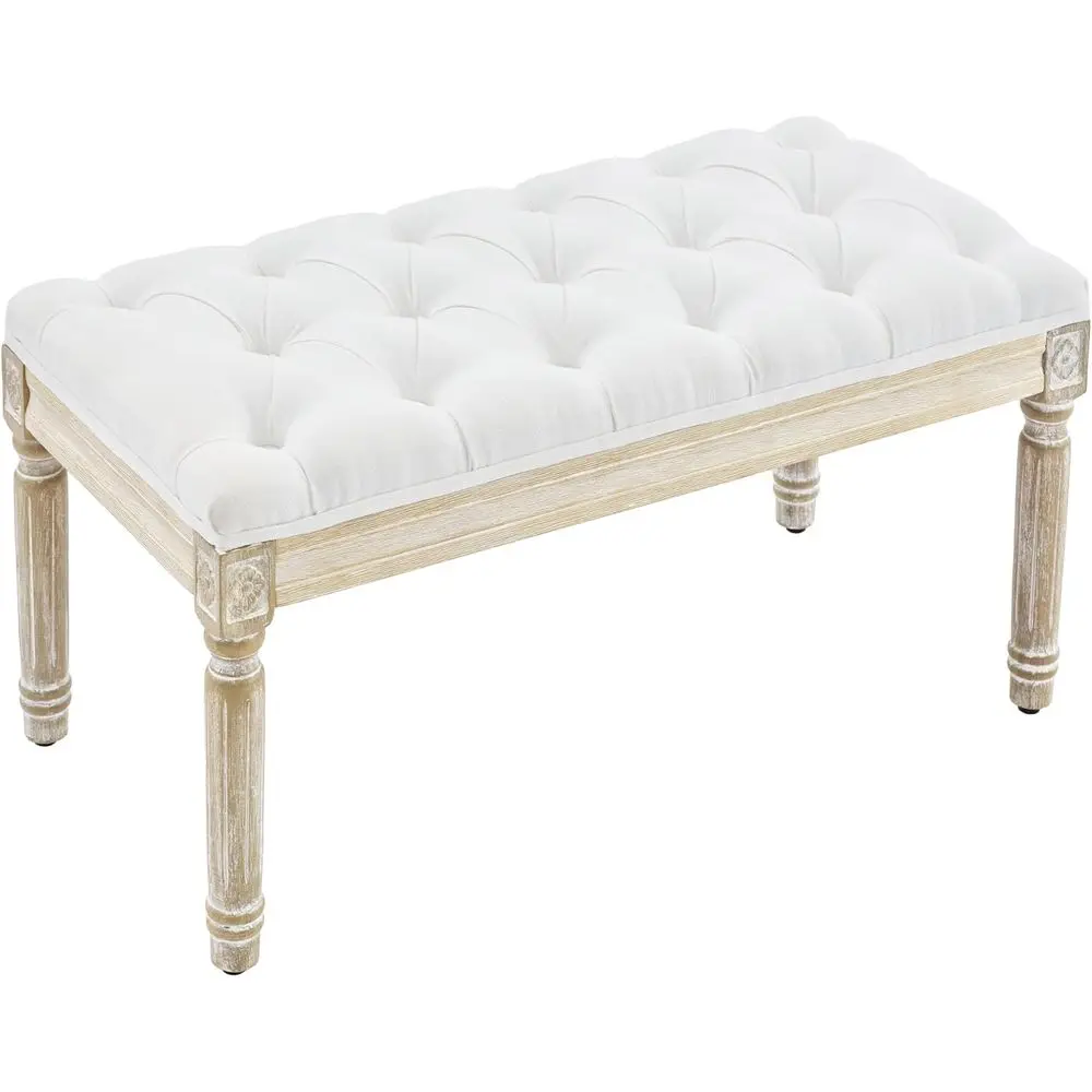 Vintage Linen Fabric Bench, Upholstered Tufted Entryway Storage Bench with Brushed Wood Legs, White
Vintage Linen Fabric Bench, Upholstered Tufted Entryway Storage Bench with Brushed Wood Legs, White