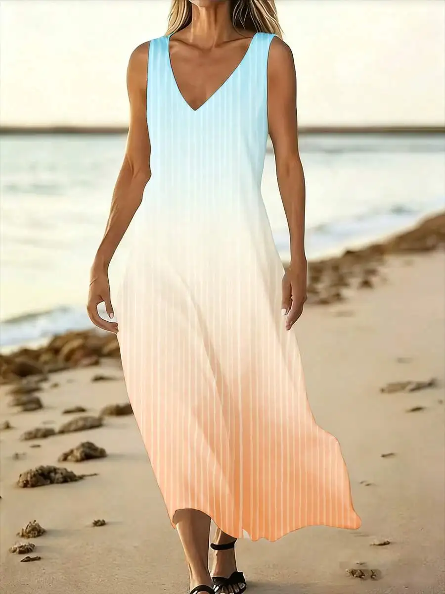 Womens V-Neck Sleeveless Gradient Stripe Maxi Dress Boho Casual Beach Summer Outfit
Womens V-Neck Sleeveless Gradient Stripe Maxi Dress Boho Casual Beach Summer Outfit