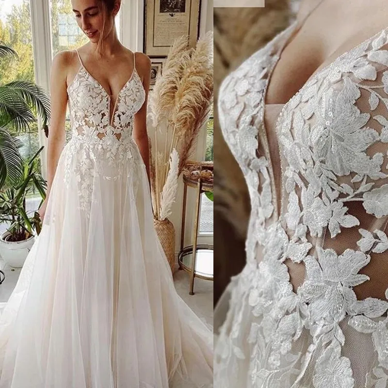 A-Line Beach Strap Wedding Dresses Tulle Lace Vintage Bridal Gown Court Train Sexy Wedding Dress For Bride
A-Line Beach Strap Wedding Dresses Tulle Lace Vintage Bridal Gown Court Train Sexy Wedding Dress For Bride