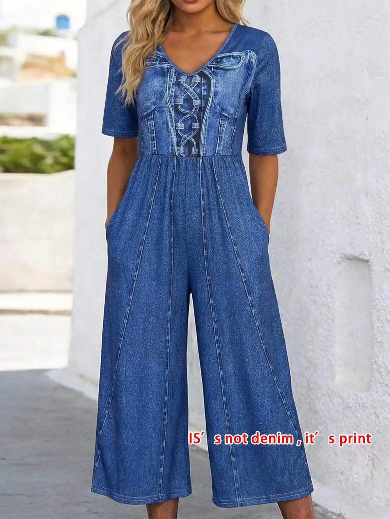 Women's summer new imitation denim printed casual commuting versatile jumpsuit,Casual Short Sleeve Wide Leg Cropped Romper
Women's summer new imitation denim printed casual commuting versatile jumpsuit,Casual Short Sleeve Wide Leg Cropped Romper
