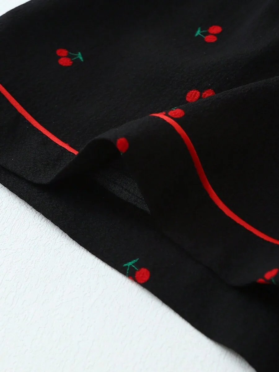 Cherry Print Button Up Sleep Top And Bow Shorts Women Loungewear Set
Cherry Print Button Up Sleep Top And Bow Shorts Women Loungewear Set