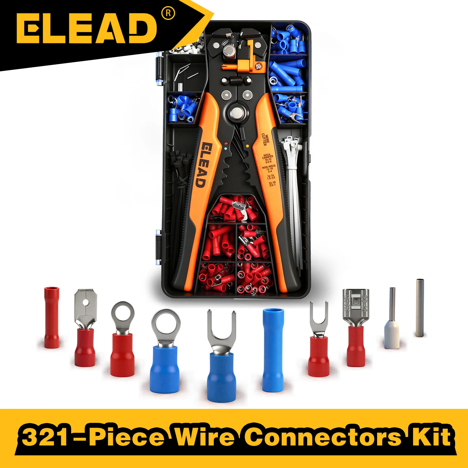 ELEAD 321Pcs Wire Connectors Kit, 3-in-1 Self-Adjusting Wire Stripper Crimper Cutter, Heavy Duty for 10-24 AWG Ring Terminals
ELEAD 321Pcs Wire Connectors Kit, 3-in-1 Self-Adjusting Wire Stripper Crimper Cutter, Heavy Duty for 10-24 AWG Ring Terminals