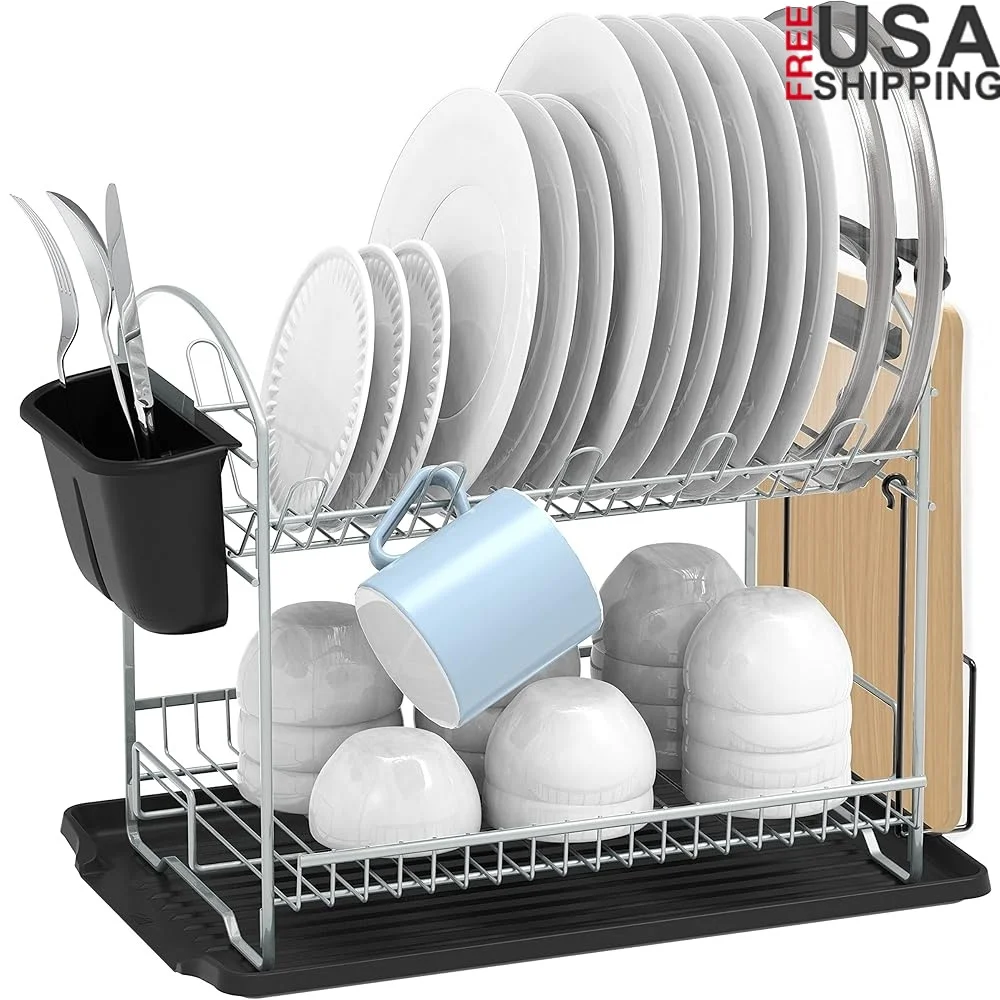 2 Tier Dish Rack with Drainboard Sturdy Metal Construction Mug Holder Cutlery Bucket Kitchen Organizer Countertop Use
2 Tier Dish Rack with Drainboard Sturdy Metal Construction Mug Holder Cutlery Bucket Kitchen Organizer Countertop Use