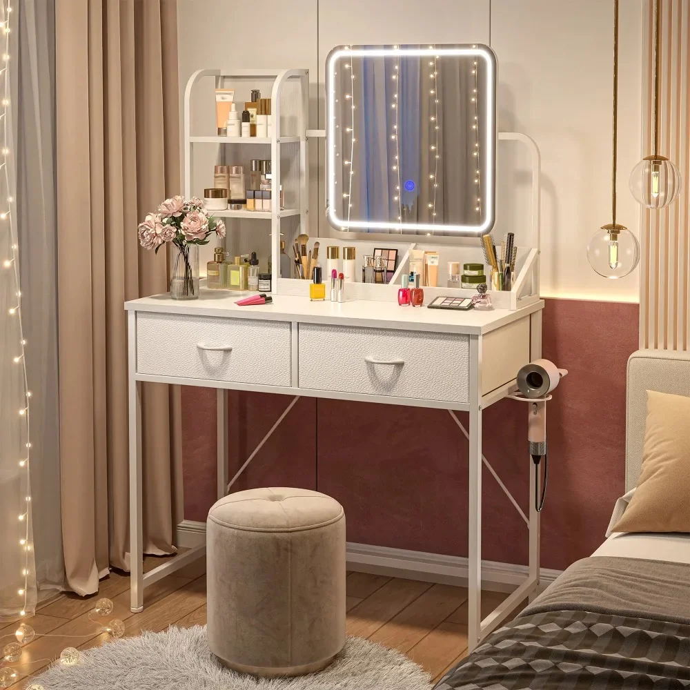 Vanity Set with Mirror and Lights Vanity Desk with 2 Fabric Drawers & Charge Station Dressing Table for Girl, White
Vanity Set with Mirror and Lights Vanity Desk with 2 Fabric Drawers & Charge Station Dressing Table for Girl, White