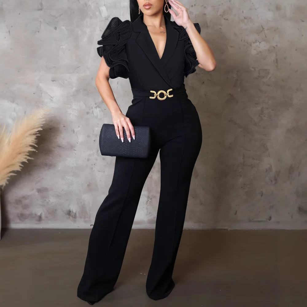 Elegant Women's Deep V Neck Jumpsuit Short Flutter Sleeve Casual Flared Overalls with Metal O-Ring Decor Jumpsuits Lady Office
Elegant Women's Deep V Neck Jumpsuit Short Flutter Sleeve Casual Flared Overalls with Metal O-Ring Decor Jumpsuits Lady Office