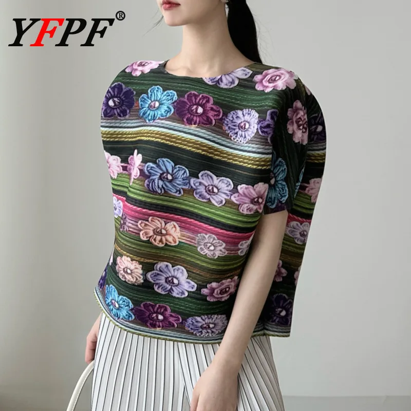 YFPF Summer Floral Printing T-shirt Women Miyake Pleated Contrast Color Short Sleeve Blouse Casual 2025 New Clothing 3A452
YFPF Summer Floral Printing T-shirt Women Miyake Pleated Contrast Color Short Sleeve Blouse Casual 2025 New Clothing 3A452