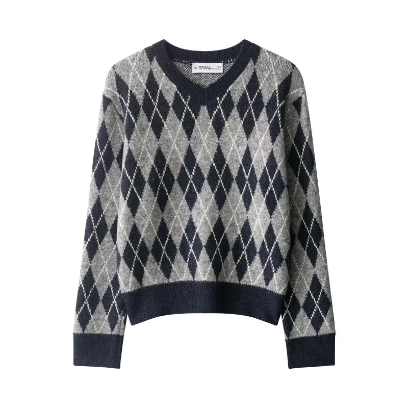 Argyle Plaid Pattern Pullover Sweater Elegant Lady V-neck Long Sleeves Simple Warm Winter Knitwear Soft Chic Female Tops
Argyle Plaid Pattern Pullover Sweater Elegant Lady V-neck Long Sleeves Simple Warm Winter Knitwear Soft Chic Female Tops