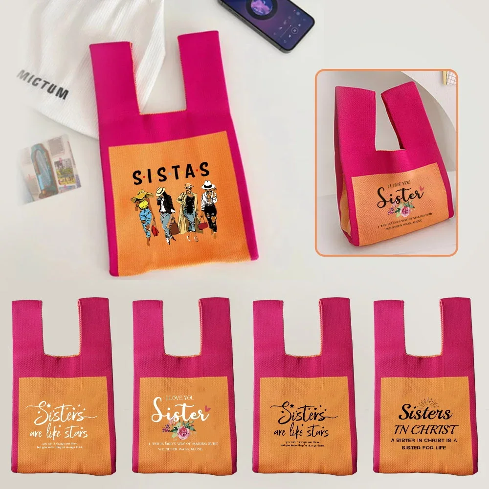 Knit Handbag Wrist Tote Bags Woven Mini Knot Storage Bag Large Capacity Handbags Pouch Portable Purse Sister Letter Print Series 
Knit Handbag Wrist Tote Bags Woven Mini Knot Storage Bag Large Capacity Handbags Pouch Portable Purse Sister Letter Print Series