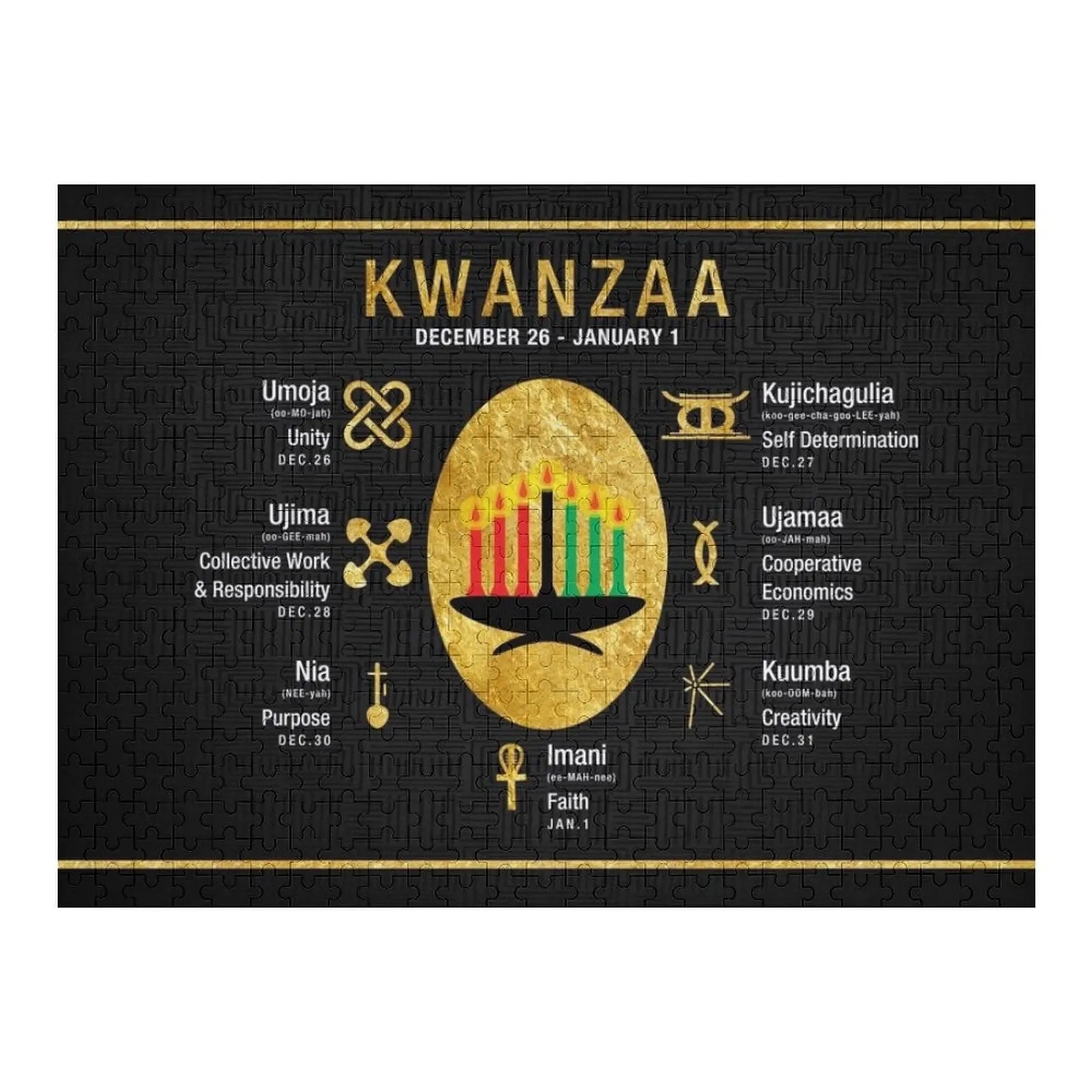 Kwanzaa Principles (Nguzo Saba) Black & Gold Jigsaw Puzzle Game Children Picture Puzzle 
Kwanzaa Principles (Nguzo Saba) Black & Gold Jigsaw Puzzle Game Children Picture Puzzle