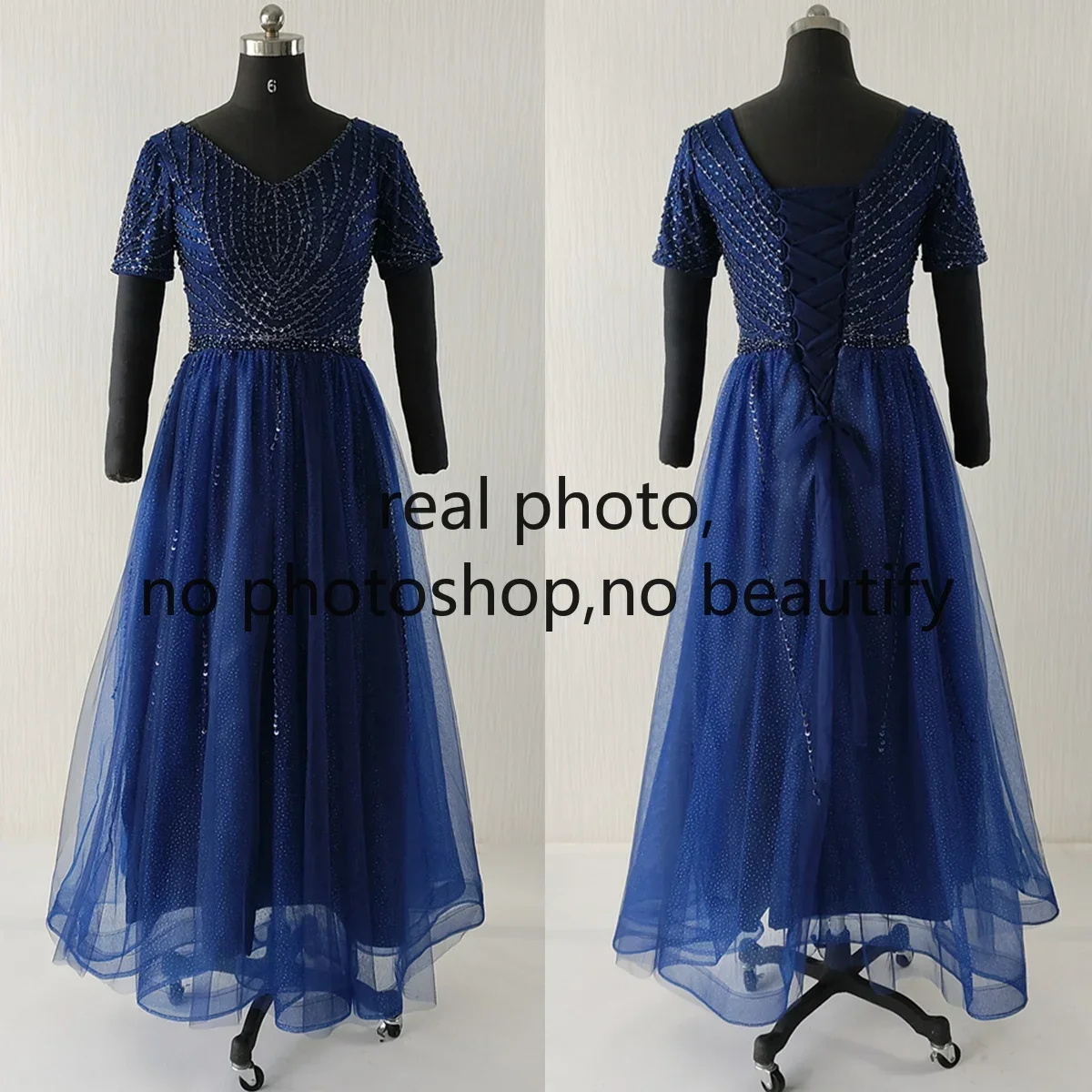 Real Photo Evening Dress Navy Blue Tulle Beads O-neck Short Sleeves Lace up A-line Floor Length Plus size Lady Party Formal Gown
Real Photo Evening Dress Navy Blue Tulle Beads O-neck Short Sleeves Lace up A-line Floor Length Plus size Lady Party Formal Gown