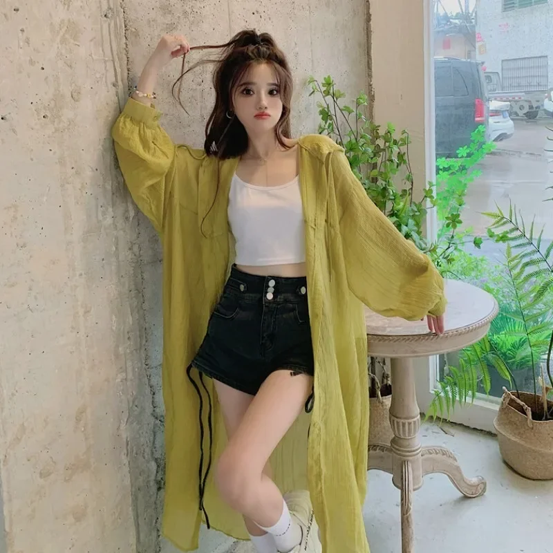 Summer New Thin Mid Length Hooded Long Sleeve Shirt Tops Solid Color Loose All-match Cardigan Trend Casual Women Clothing
Summer New Thin Mid Length Hooded Long Sleeve Shirt Tops Solid Color Loose All-match Cardigan Trend Casual Women Clothing