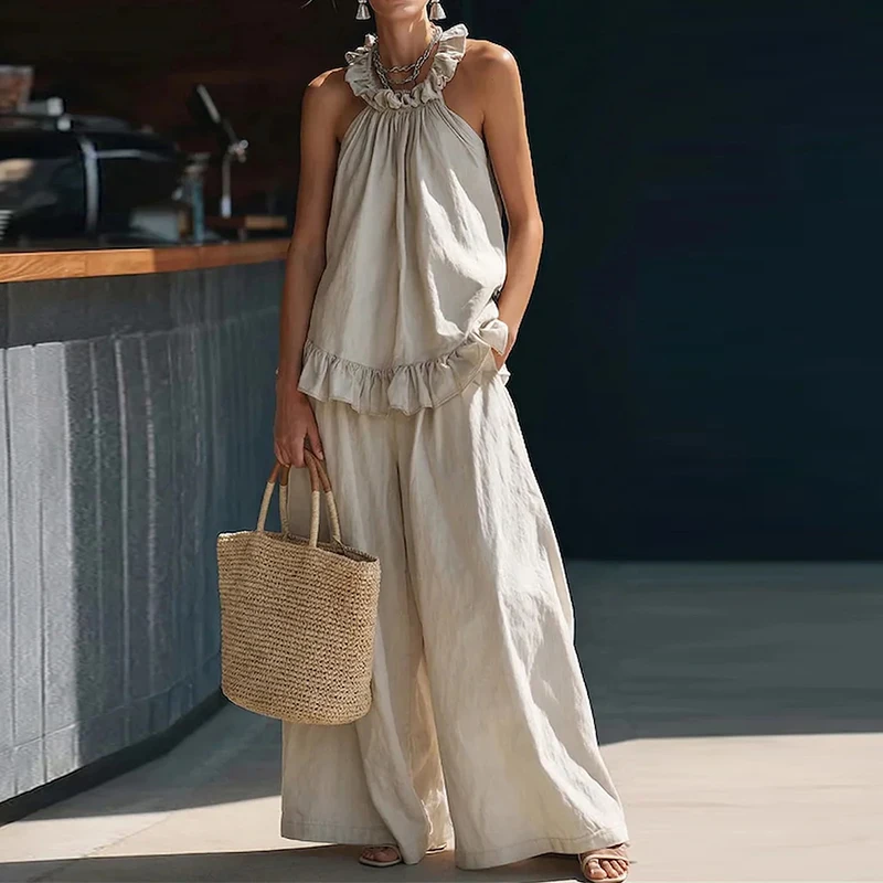 2026 Summer Casual Halter Vest Sleeveless Shirt High Waist Loose Wide Leg Pants Suit Women Fashion Cotton Linen Two Piece Set
2026 Summer Casual Halter Vest Sleeveless Shirt High Waist Loose Wide Leg Pants Suit Women Fashion Cotton Linen Two Piece Set
