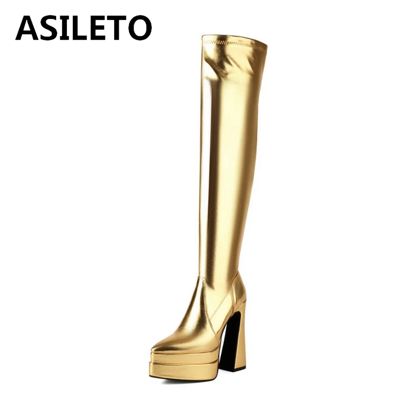 ASILETO 14.5cm Block Heel 5cm Double Platform Over Knee Boots Pointed Toe Zip Faux Leather Gold Silver Big Size 41 42 43 US12
ASILETO 14.5cm Block Heel 5cm Double Platform Over Knee Boots Pointed Toe Zip Faux Leather Gold Silver Big Size 41 42 43 US12