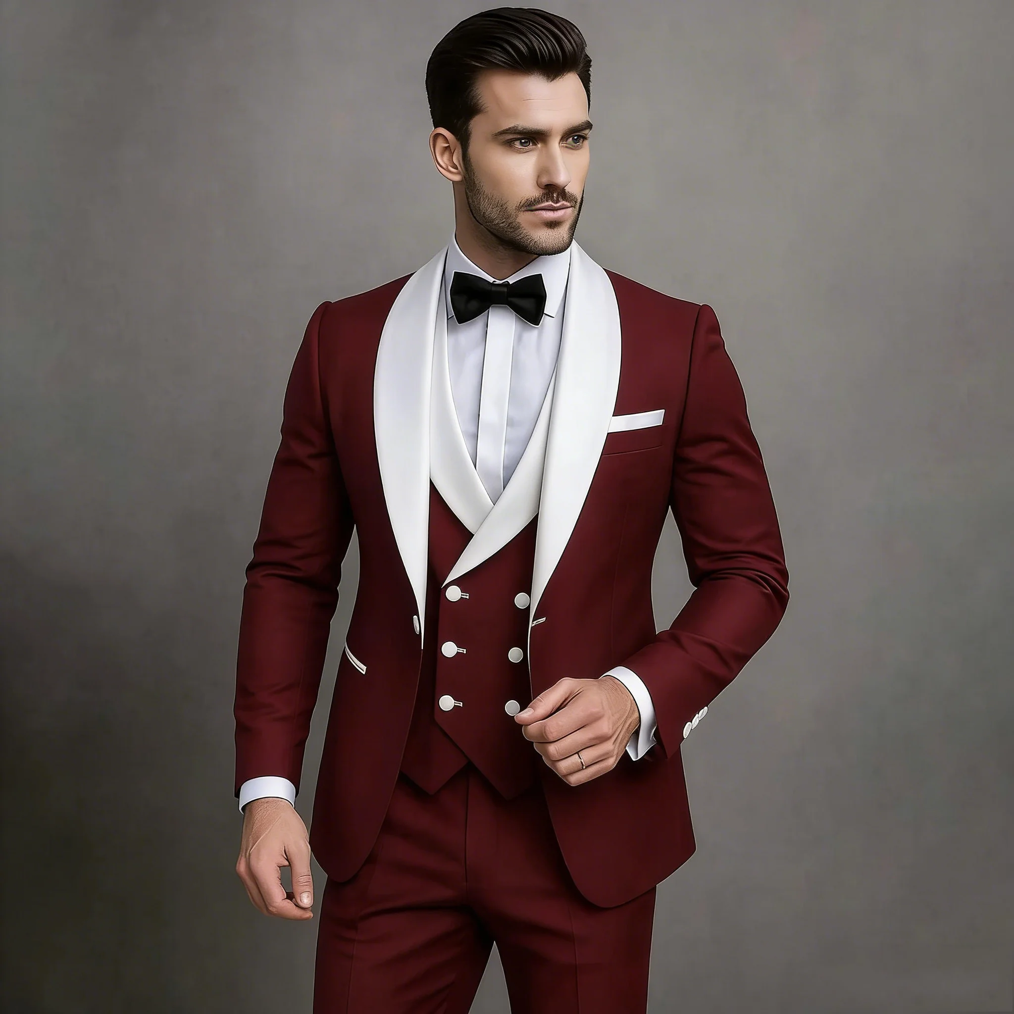 Мужской костюм-тройка цвета бургунди с белым шалевым воротником, на одной пуговице, для торжественных мероприятий, свадеб, выпускных вечеров: пиджак, жилет, брюки
Мужской костюм-тройка цвета бургунди с белым шалевым воротником, на одной пуговице, для торжественных мероприятий, свадеб, выпускных вечеров: пиджак, жилет, брюки