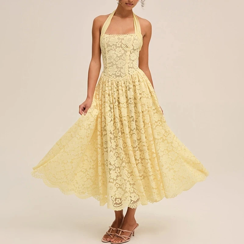 Elegant Solid Color Hollow Out Pleat Dress Summer New Lace Halter Big Hem Maxi Dress Sexy Backless Sleeveless Slim Banquet Dress
Elegant Solid Color Hollow Out Pleat Dress Summer New Lace Halter Big Hem Maxi Dress Sexy Backless Sleeveless Slim Banquet Dress