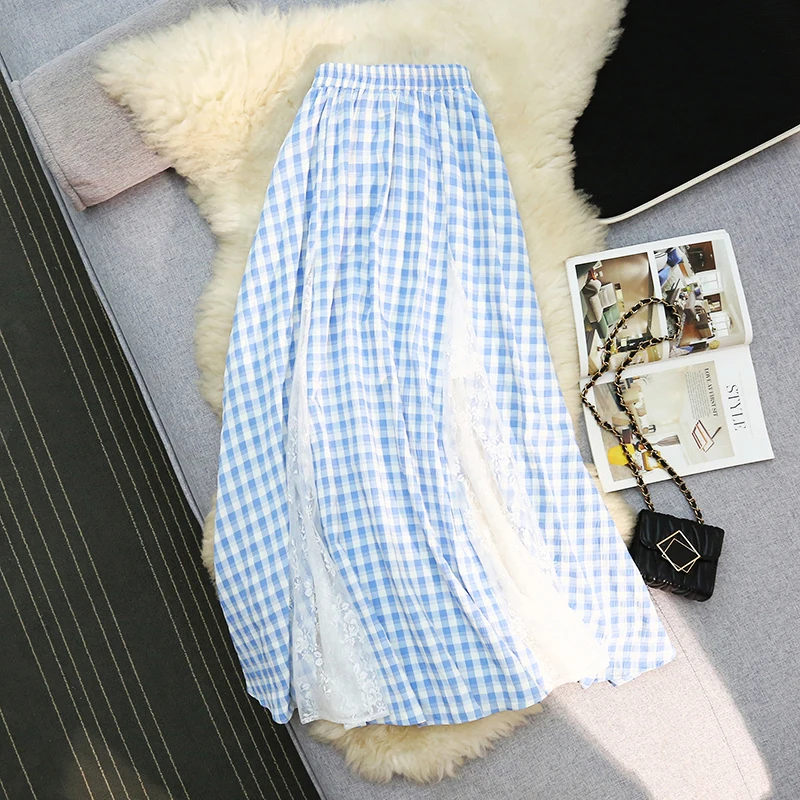 Blue Plaid Lace Patchwork Elastic Waist A-Line Skirt Women's Summer New Design Sensation Half-length Skirts Korean Style
Blue Plaid Lace Patchwork Elastic Waist A-Line Skirt Women's Summer New Design Sensation Half-length Skirts Korean Style