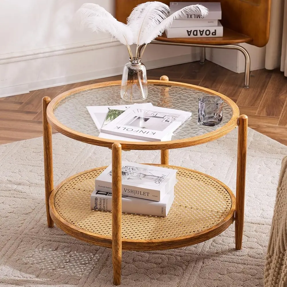 Round Rattan Coffee Table with Water-Wave Glass Top, 2-Tier Storage, Suitable for Small Spaces, Natural Style
Round Rattan Coffee Table with Water-Wave Glass Top, 2-Tier Storage, Suitable for Small Spaces, Natural Style