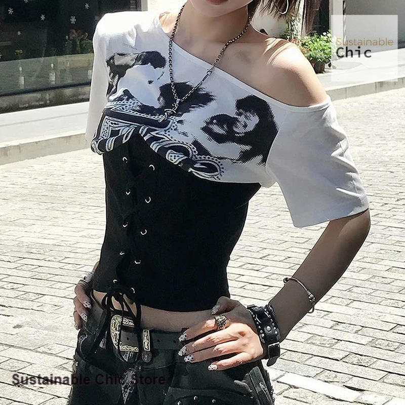 American high street cartoon fashion diagonal shoulder T-shirt women's summer new contrast stitching short sleeve strap tunic
American high street cartoon fashion diagonal shoulder T-shirt women's summer new contrast stitching short sleeve strap tunic
