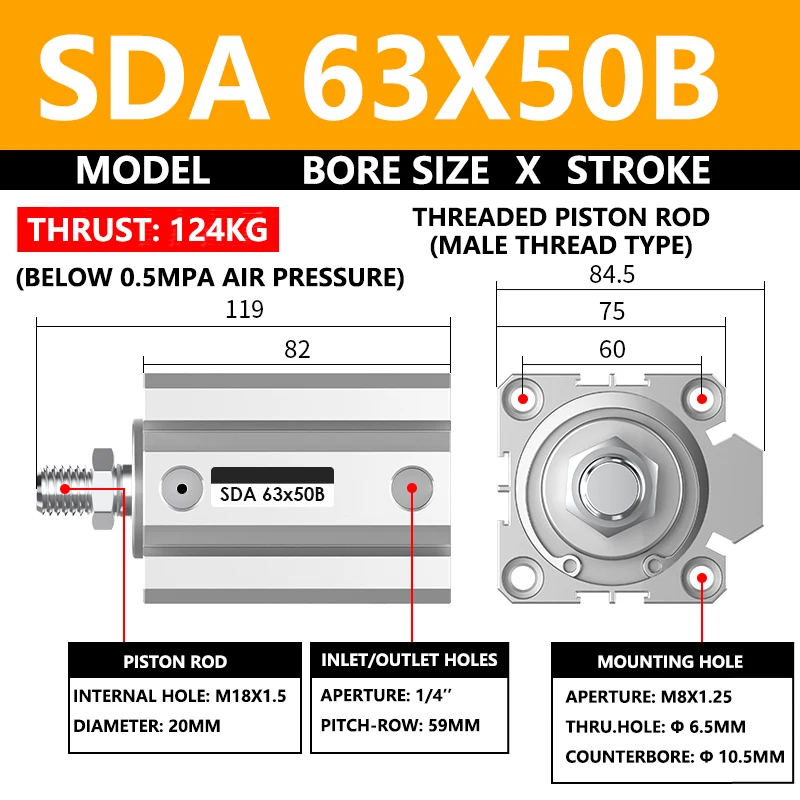ABILKEEN SDA63X50B SDA Series Thin Air Cylinder 63MM Male Thread Bore X 50MM Stroke Double Acting Pneumatic Compact Cylinder
ABILKEEN SDA63X50B SDA Series Thin Air Cylinder 63MM Male Thread Bore X 50MM Stroke Double Acting Pneumatic Compact Cylinder