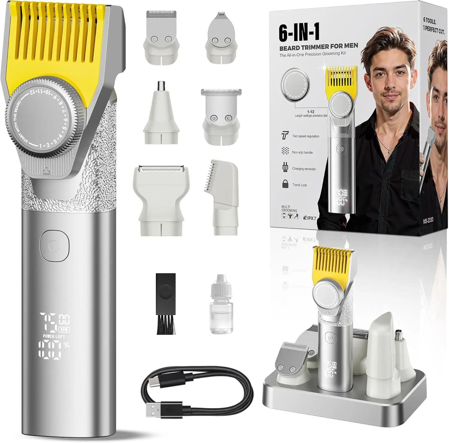 6-in-1 Beard Trimmer for Men, IPX7 Waterproof, Adjustable Comb, Travel Lock, 2 Speeds, Gifts
6-in-1 Beard Trimmer for Men, IPX7 Waterproof, Adjustable Comb, Travel Lock, 2 Speeds, Gifts