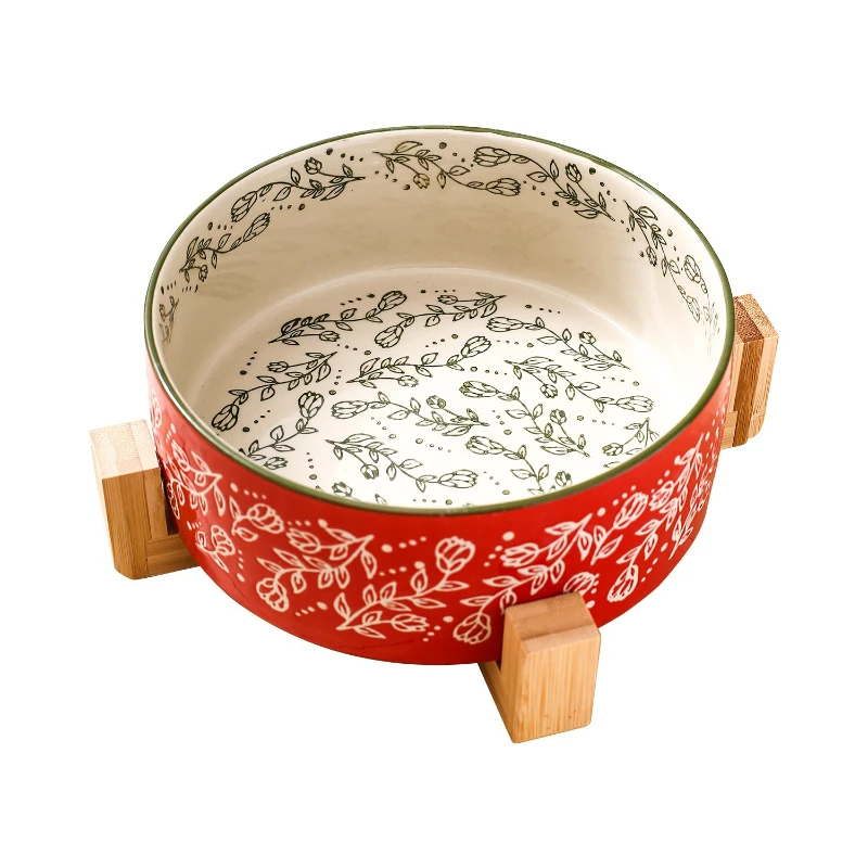 Creative Chinese Ethnic Style Straight Mouth Ceramic Pet Bowl Wooden Stand Elevated Anti Neck Prevent Black Chin Stains Design 
Creative Chinese Ethnic Style Straight Mouth Ceramic Pet Bowl Wooden Stand Elevated Anti Neck Prevent Black Chin Stains Design