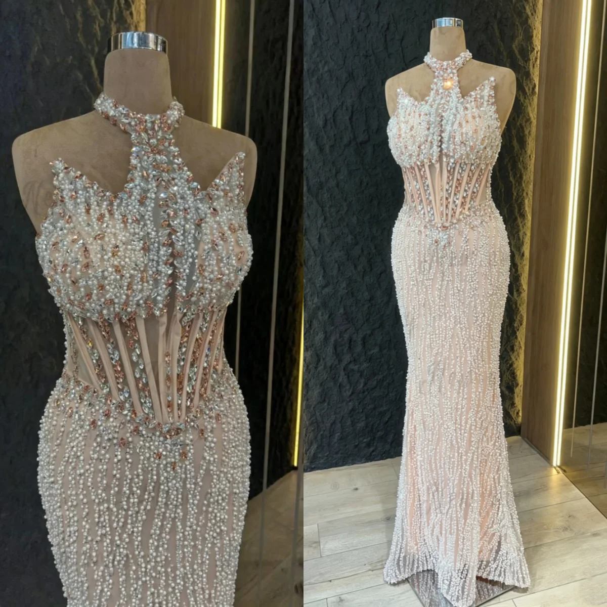 Exquisite Beaded Prom Dresses Halter Neck Sleeveless Mermaid Evening Gowns Crystals Floor Length Celenrity Party Customized
Exquisite Beaded Prom Dresses Halter Neck Sleeveless Mermaid Evening Gowns Crystals Floor Length Celenrity Party Customized