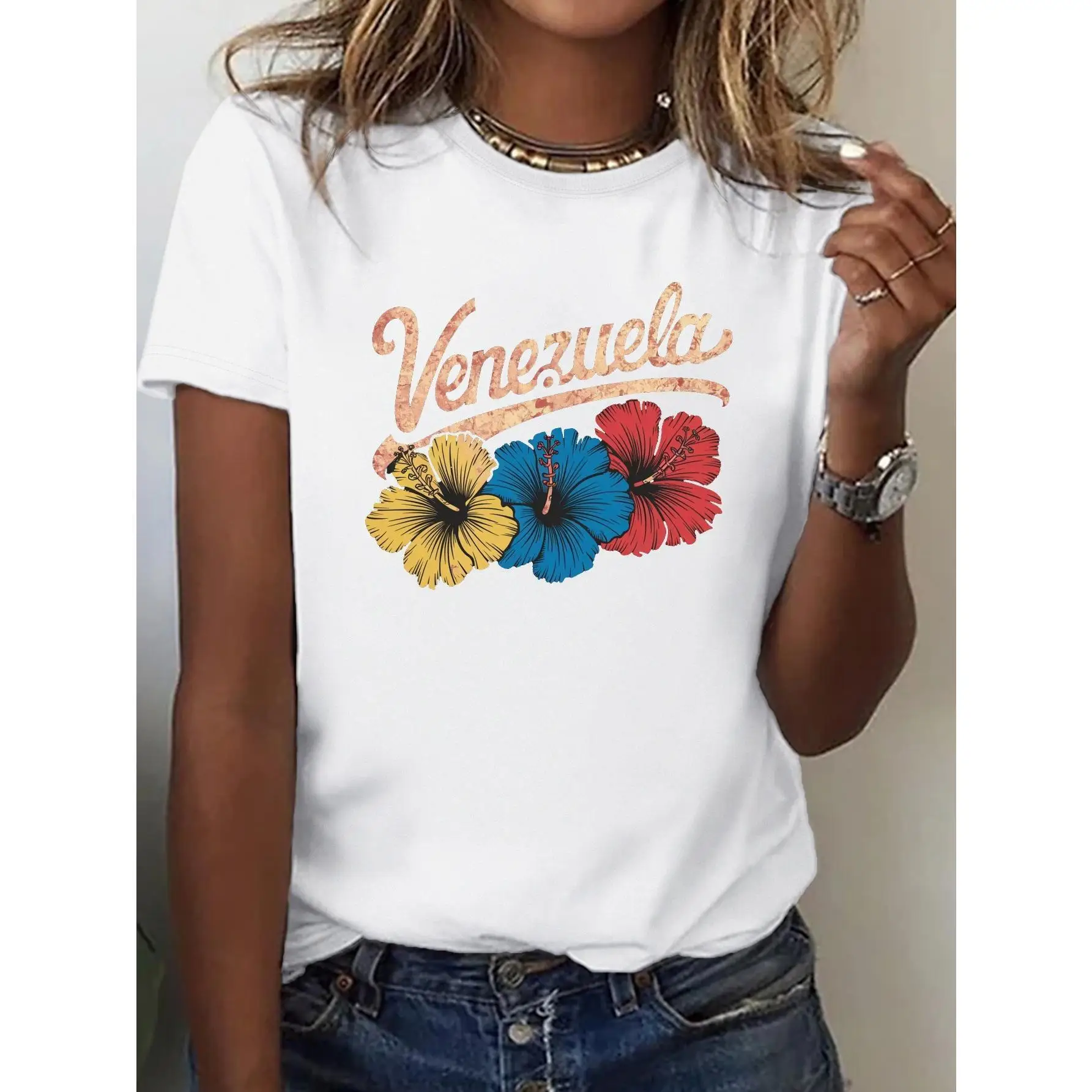 Women's Venezuela Hibiscus Vintage Graphic T-Shirt - Comfortable Fit, Casual Crew Neck, Short Sleeve, White with Colorful Floral
Women's Venezuela Hibiscus Vintage Graphic T-Shirt - Comfortable Fit, Casual Crew Neck, Short Sleeve, White with Colorful Floral
