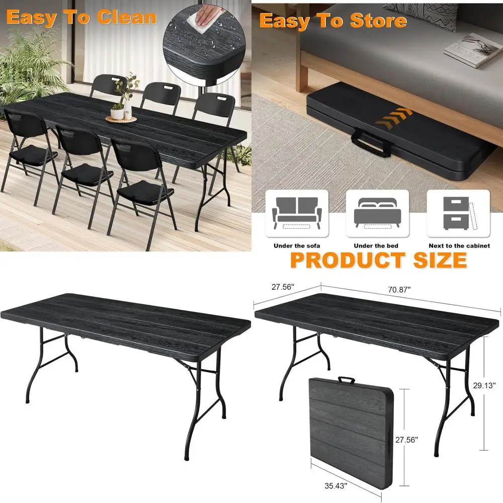 Portable Heavy-Duty Plastic Folding Table for Indoor/Outdoor Use, Dining, Camping, Picnic, Party, Black Woodgrain Design
Portable Heavy-Duty Plastic Folding Table for Indoor/Outdoor Use, Dining, Camping, Picnic, Party, Black Woodgrain Design