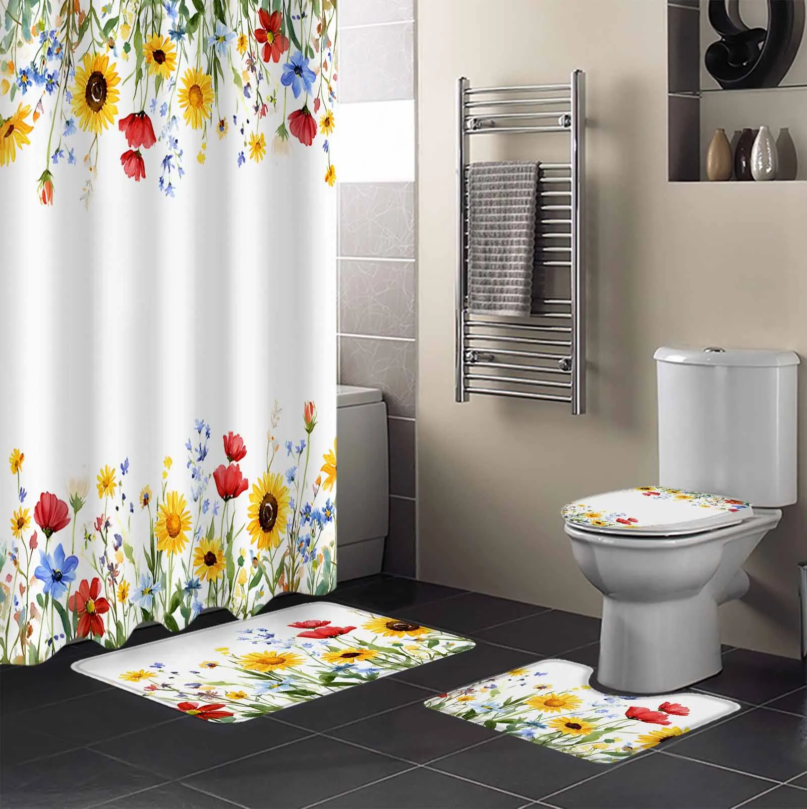 Sunflower Red Blue Flower Shower Curtain Set Non-Slip Rugs Bath Mat Toilet Lid Cover Waterproof Polyester Bathroom Curtain
Sunflower Red Blue Flower Shower Curtain Set Non-Slip Rugs Bath Mat Toilet Lid Cover Waterproof Polyester Bathroom Curtain