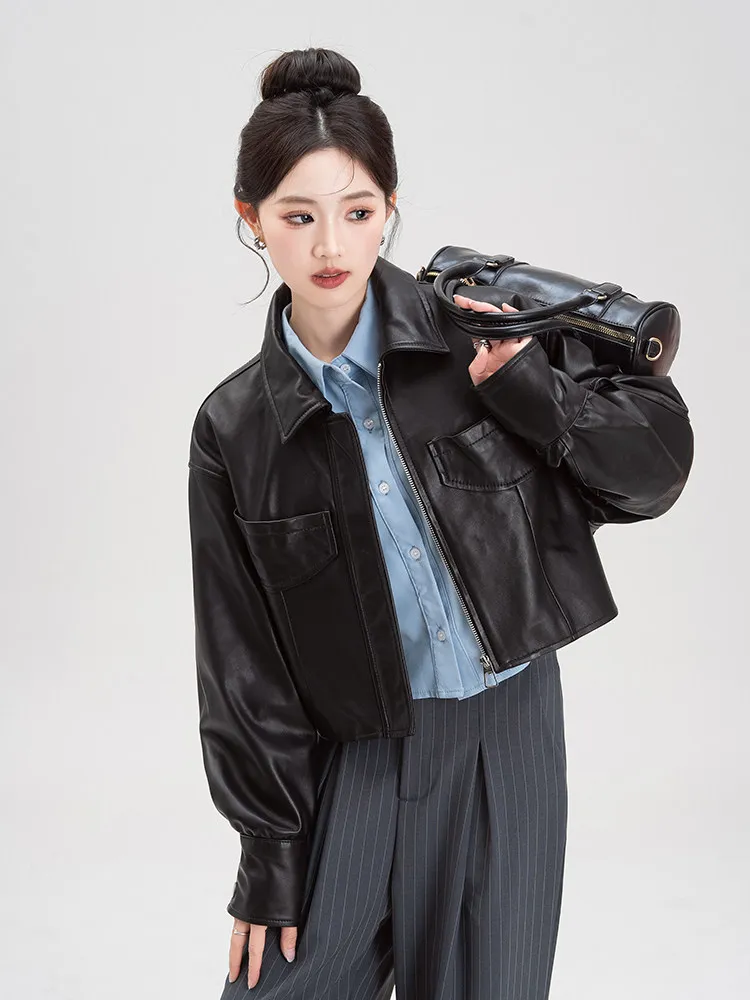 Vintage Short Genuine Leather Motorcycle Jackets for Women Spring Autumn High-end Simple Slim Soft Black Real Sheepskin Coat
Vintage Short Genuine Leather Motorcycle Jackets for Women Spring Autumn High-end Simple Slim Soft Black Real Sheepskin Coat