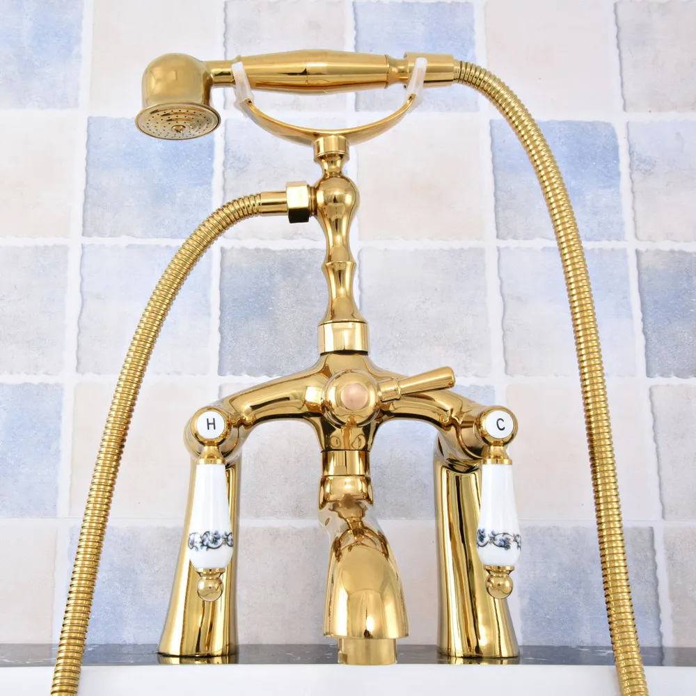 Luxury Gold Color Brass Deck Mounted Bathroom Tub Faucet Dual Handles Telephone Style Hand Shower Clawfoot Tub Filler atf788
Luxury Gold Color Brass Deck Mounted Bathroom Tub Faucet Dual Handles Telephone Style Hand Shower Clawfoot Tub Filler atf788
