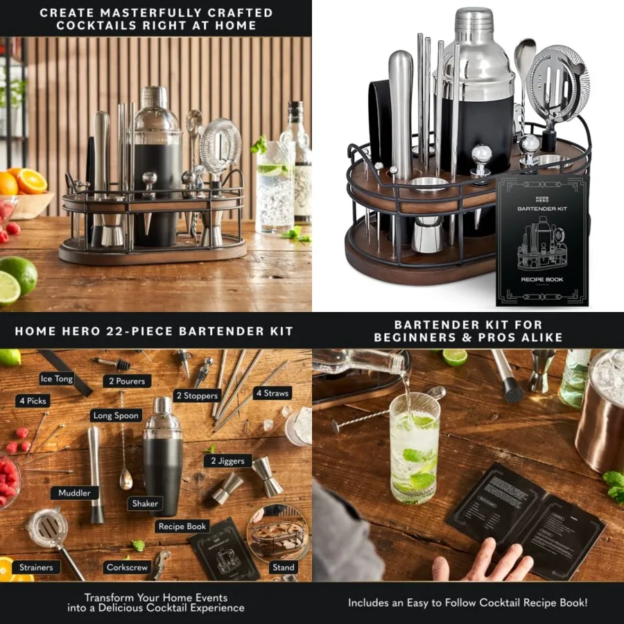 Bartender Kit - 22-Piece Cocktail Shaker Bar Tool Set - Wooden Stand Display Bar Cart Accessories - Recipe Book Housewarming Gi
Bartender Kit - 22-Piece Cocktail Shaker Bar Tool Set - Wooden Stand Display Bar Cart Accessories - Recipe Book Housewarming Gi