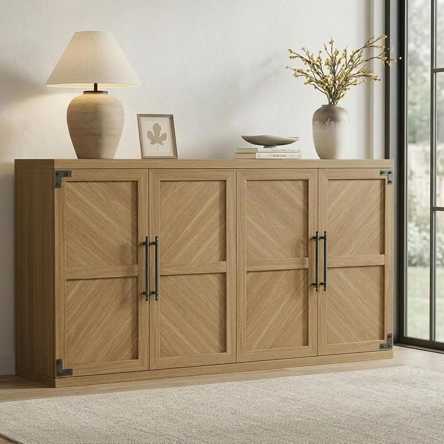 Modern 4-Door Buffet Cabinet with Adjustable Shelves, Large Storage Credenza in Oak Brown
Modern 4-Door Buffet Cabinet with Adjustable Shelves, Large Storage Credenza in Oak Brown