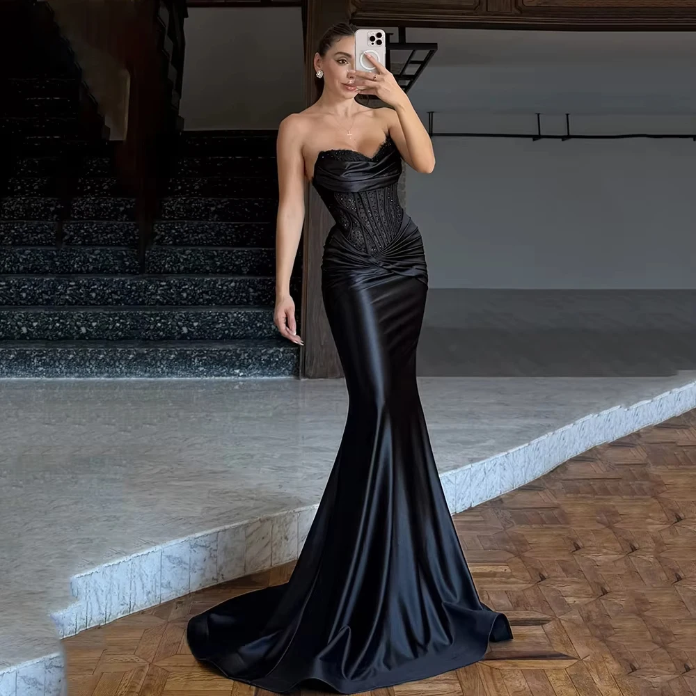 Elegant Strapless Appliques Evening Dress Black Sweetheart Sweap Train Mermaid Prom Gowns Women Prom Party Gowns 2025 Customized
Elegant Strapless Appliques Evening Dress Black Sweetheart Sweap Train Mermaid Prom Gowns Women Prom Party Gowns 2025 Customized