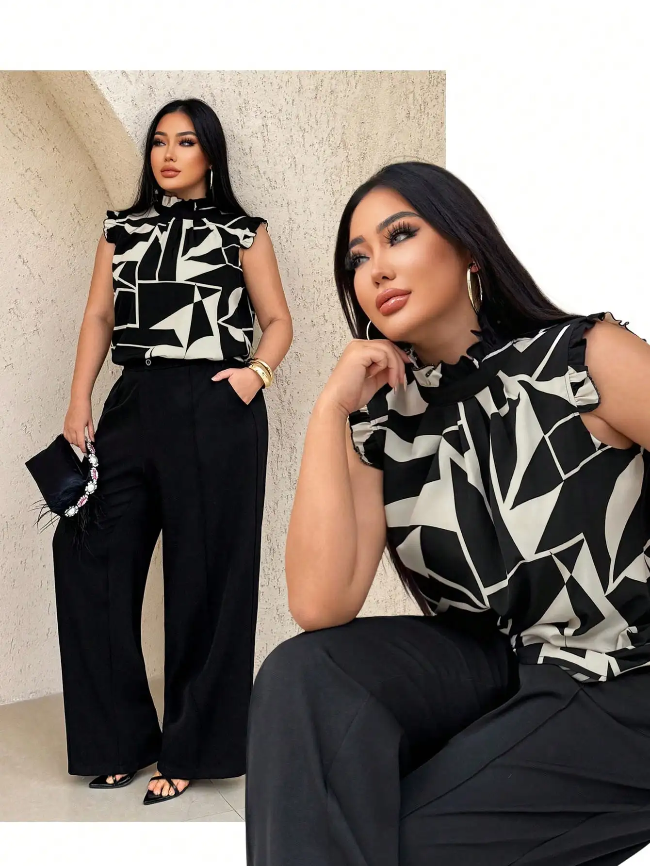 Black & White Geometric Print Sleeveless Top with Ruffled Neckline
Black & White Geometric Print Sleeveless Top with Ruffled Neckline