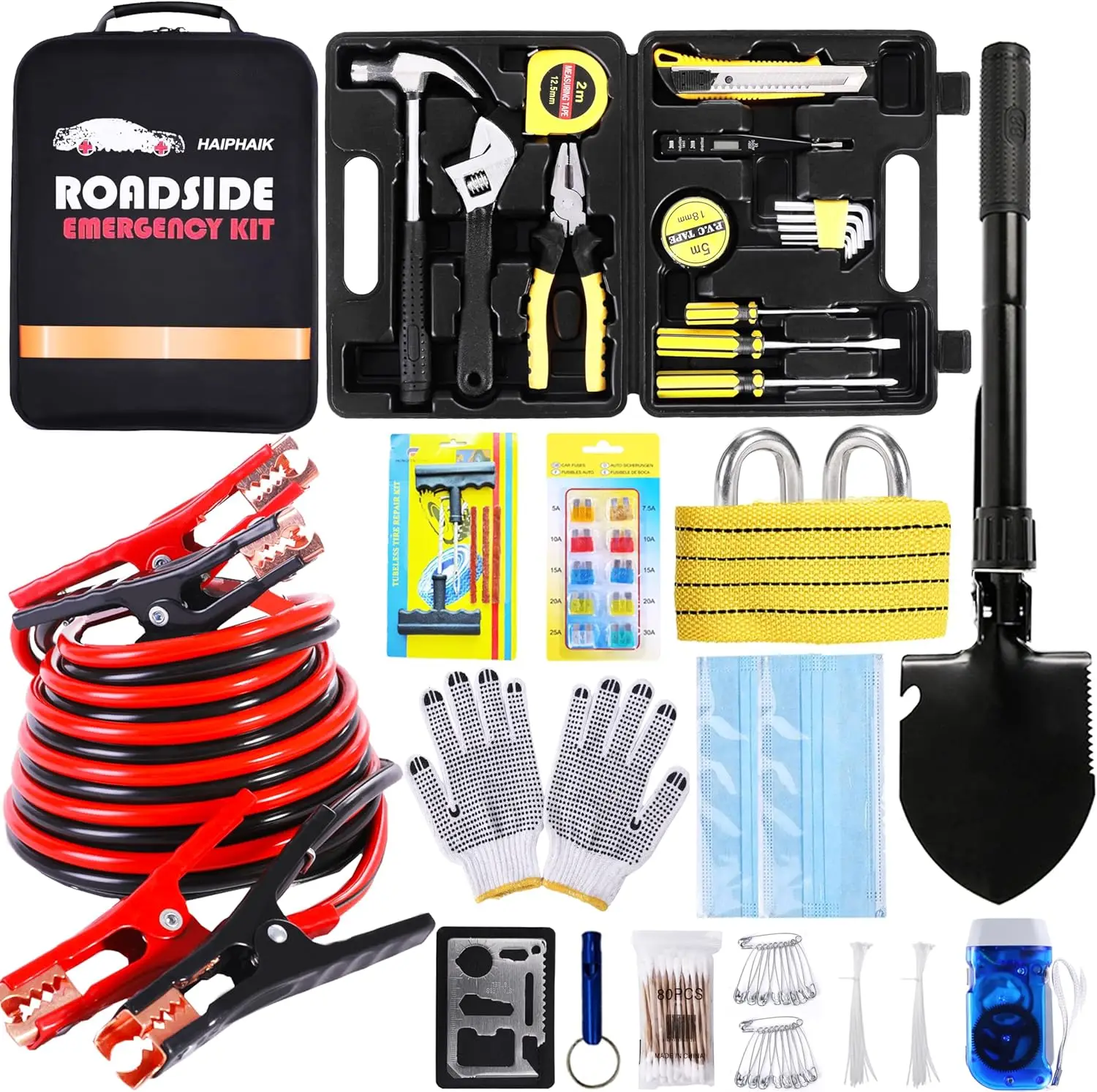124-Piece Car Emergency Roadside Kit with Jumper Cables, Tow Strap, Shovel & Tools for Vehicle Safety
124-Piece Car Emergency Roadside Kit with Jumper Cables, Tow Strap, Shovel & Tools for Vehicle Safety