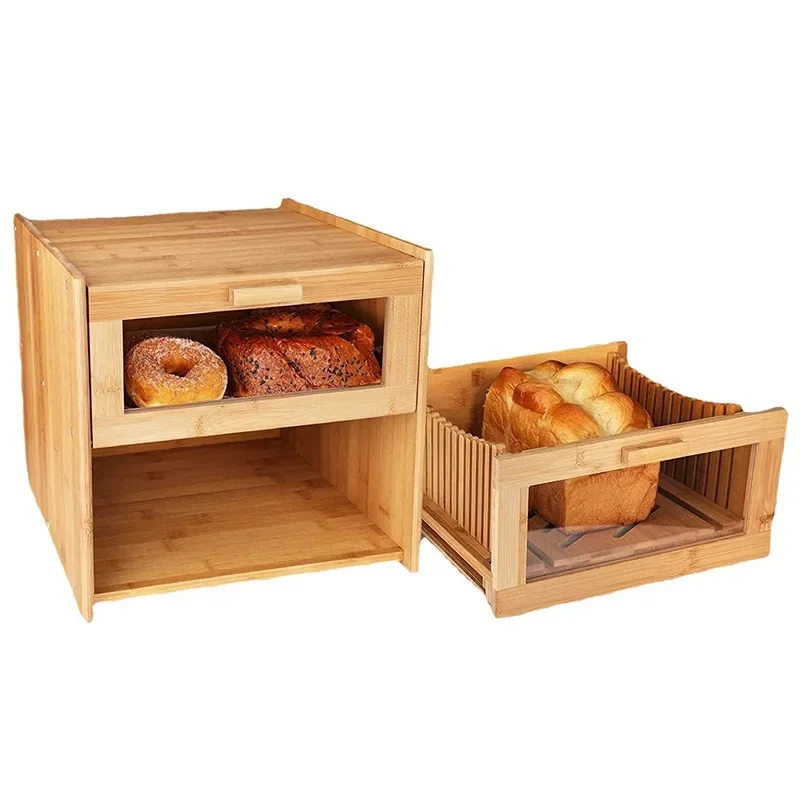 Bamboo bread box Household kitchen bread storage box With bread slicer Multi-purpose food storage box
Bamboo bread box Household kitchen bread storage box With bread slicer Multi-purpose food storage box