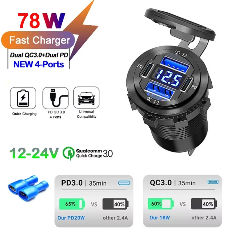NEW 78W Dual PD Dual QC 3.0 USB Car Charger with Voltmeter Socket Power Outlet Adapter Waterproof for 12V/24V Car Boat
NEW 78W Dual PD Dual QC 3.0 USB Car Charger with Voltmeter Socket Power Outlet Adapter Waterproof for 12V/24V Car Boat