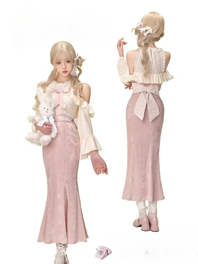 Japanese Sweet Elegant Lolita 2 Piece Set Women Cute Ruffles Bow Blouse Y2k Tops + Pink Midi Skirt Harajuku Chic Korean Outfits
Japanese Sweet Elegant Lolita 2 Piece Set Women Cute Ruffles Bow Blouse Y2k Tops + Pink Midi Skirt Harajuku Chic Korean Outfits