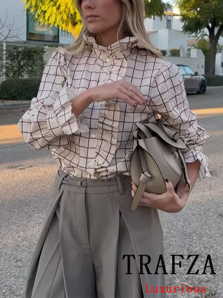 TRAFZA Casual Elegant Chic Women Shirts Plaid Ruffle Stand Collar Flare Sleeve Blouse New Fashion 2025 Spring Summer Shirts Tops
TRAFZA Casual Elegant Chic Women Shirts Plaid Ruffle Stand Collar Flare Sleeve Blouse New Fashion 2025 Spring Summer Shirts Tops