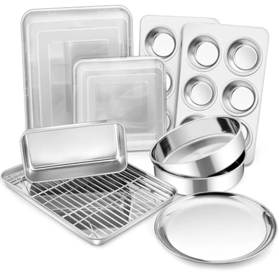 Stainless Steel Bakeware Set, 12-Piece Kitchen Baking Pans Set, Baking Sheet with Rack, Square Cake Pan with Lid, Lasagna Pan,
Stainless Steel Bakeware Set, 12-Piece Kitchen Baking Pans Set, Baking Sheet with Rack, Square Cake Pan with Lid, Lasagna Pan,