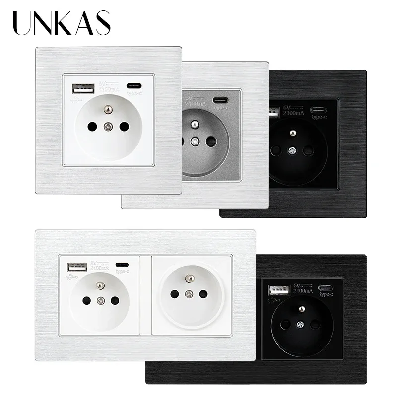 UNKAS Type C Wall USB Port Outlet White Black Gray Aluminum Panel French Standard 16A 86mm 146mm Grey Power Socket
UNKAS Type C Wall USB Port Outlet White Black Gray Aluminum Panel French Standard 16A 86mm 146mm Grey Power Socket