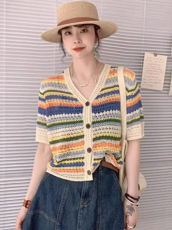 Korean Style Ice Silk Knitted T-Shirt Large Size Hollow out Fashionable Younglooking Striped Colorblock Top Women's Clothing
Korean Style Ice Silk Knitted T-Shirt Large Size Hollow out Fashionable Younglooking Striped Colorblock Top Women's Clothing