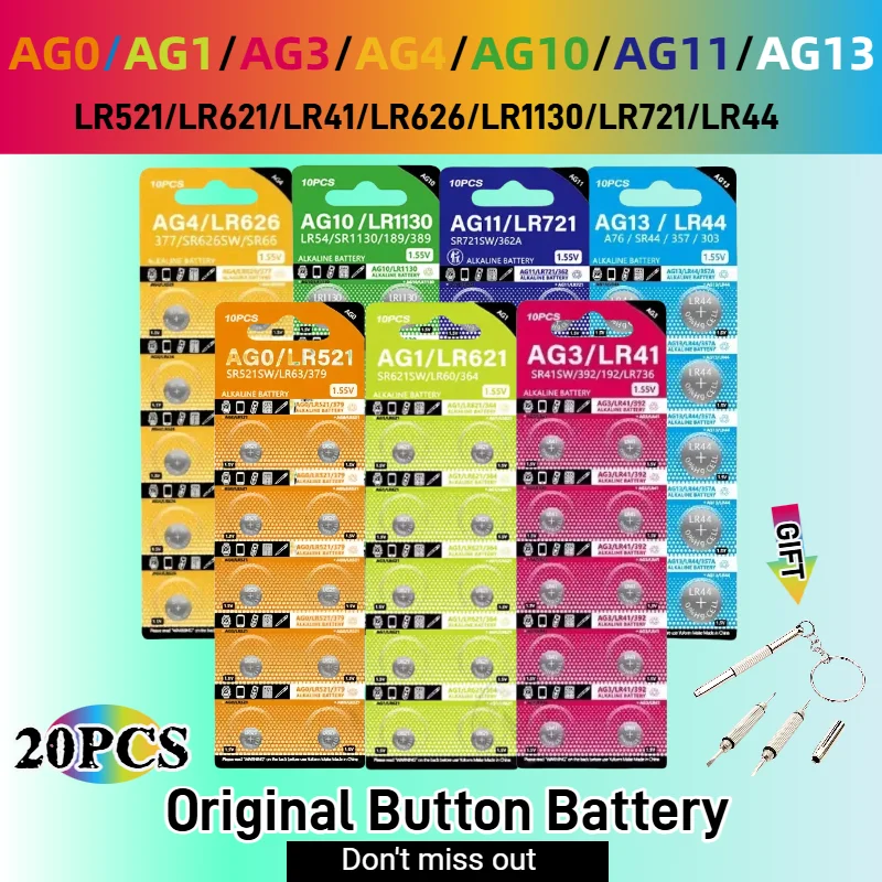 20PCS 1.55V AG13 battery LR44 SR44 AG10 LR1130 AG0 AG1 AG3 AG4 AG12 Button Batteries A76 LR1154 GP7 Cell Coin Watch Batteries
20PCS 1.55V AG13 battery LR44 SR44 AG10 LR1130 AG0 AG1 AG3 AG4 AG12 Button Batteries A76 LR1154 GP7 Cell Coin Watch Batteries