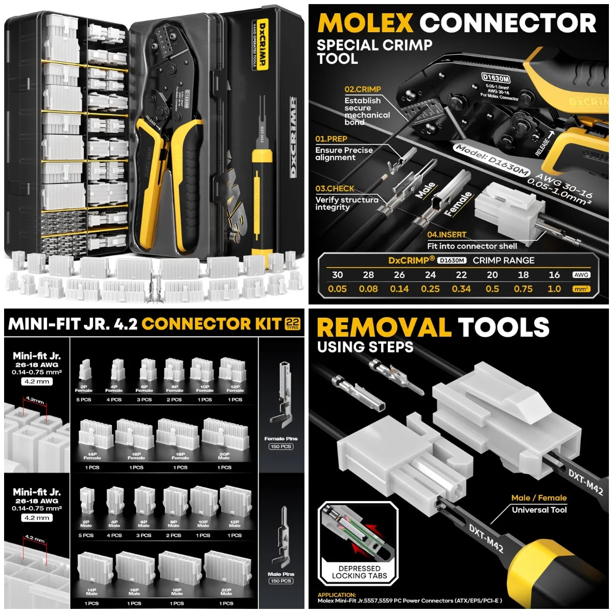 Crimp Tool Mini-Fit Jr Kit, 22 Types 2-20 Pin Molex 4.2mm, 18-26 AWG, with Remove Tool, Compatible JST, KF2510, AMP, Dupont, RC
Crimp Tool Mini-Fit Jr Kit, 22 Types 2-20 Pin Molex 4.2mm, 18-26 AWG, with Remove Tool, Compatible JST, KF2510, AMP, Dupont, RC