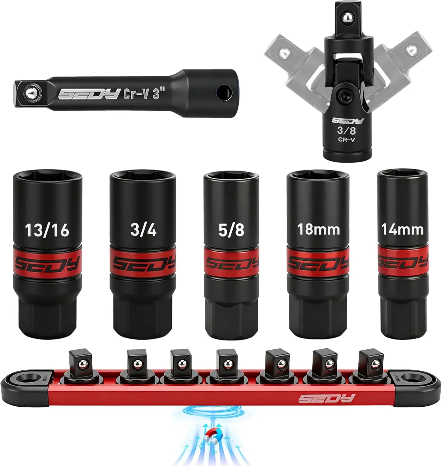 8-Piece 3/8''-Drive Spark Plug Socket Set with Magnetic Rail, SAE & Metric Sizes, Extension Bars & Universal Joint
8-Piece 3/8''-Drive Spark Plug Socket Set with Magnetic Rail, SAE & Metric Sizes, Extension Bars & Universal Joint