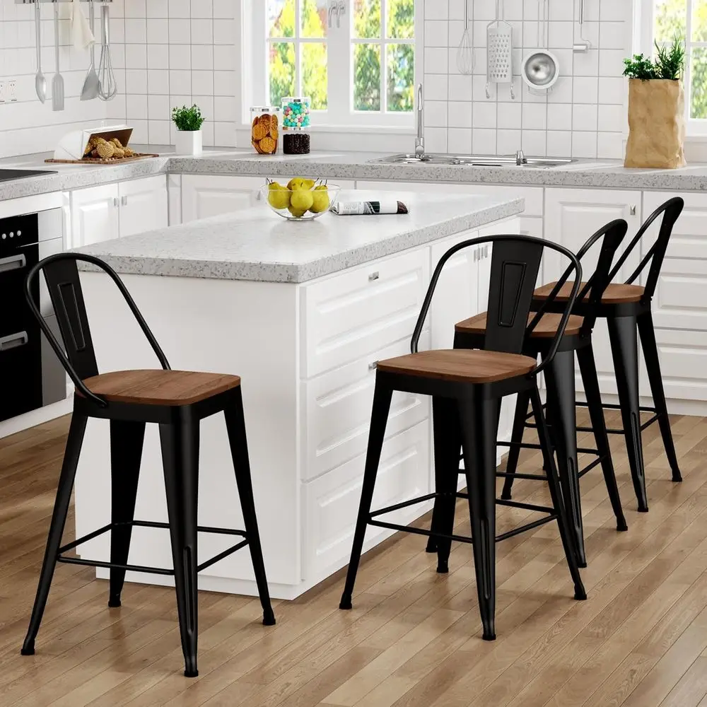 Set of 4 Black High-Back Metal Bar Stools with Large Wooden Seats for Kitchen and Bar
Set of 4 Black High-Back Metal Bar Stools with Large Wooden Seats for Kitchen and Bar