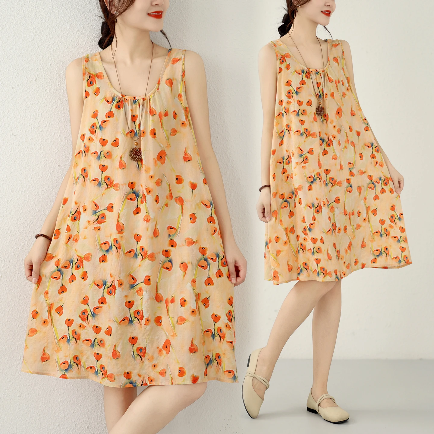 Summer Loose Cotton Linen Print Maxi Dress Women's plus Size A-Line Skirt Sleeveless round Neck Artistic Style Citywalk Dress
Summer Loose Cotton Linen Print Maxi Dress Women's plus Size A-Line Skirt Sleeveless round Neck Artistic Style Citywalk Dress